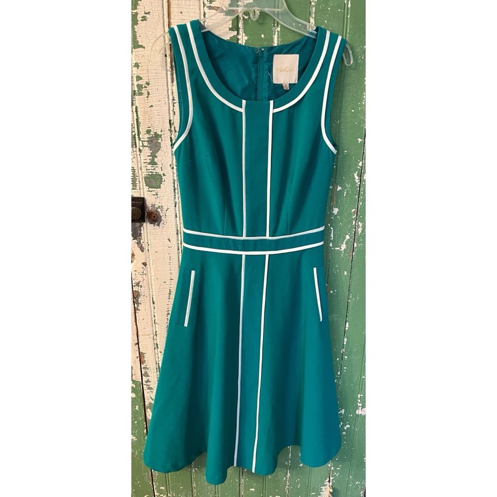 ModCloth Teal Sleeveless Fit-and-Flare Dress with White Trim